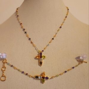 Multi Gemstone Cross Necklace 20 Inches in 18K YG 26.30 ctw/Bracelet 6.65 Ctw.